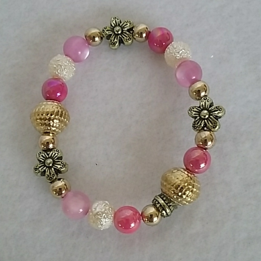 Pink and purple floral beaded stretch bracelet - Picture 3 of 3